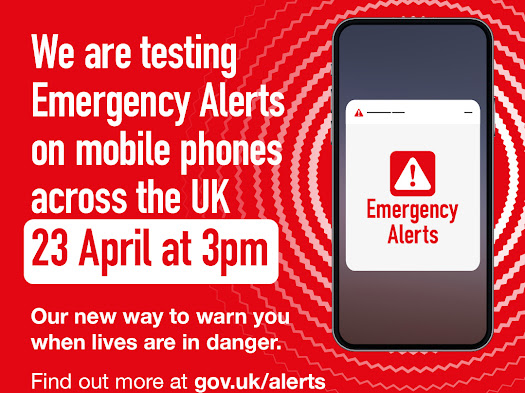 Graphic on red background informing people about the national emergency alerts system test at 3pm on Sunday 23rd April 2023