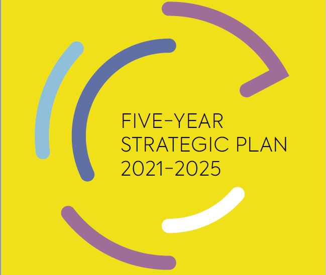 Image of front cover of strategic plan - it is a bright yellow cover and has a C shape made from other colours