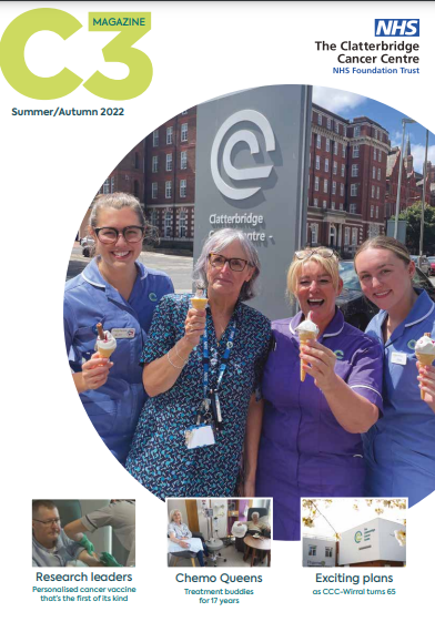 Front cover of C3 magazine. It shows some hospital staff enjoying ice creams outside Clatterbridge Cancer Centre - Liverpool