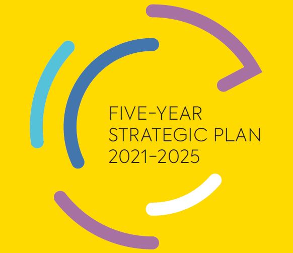 Front cover of Strategic Plan document. It is bright yellow with curved icons