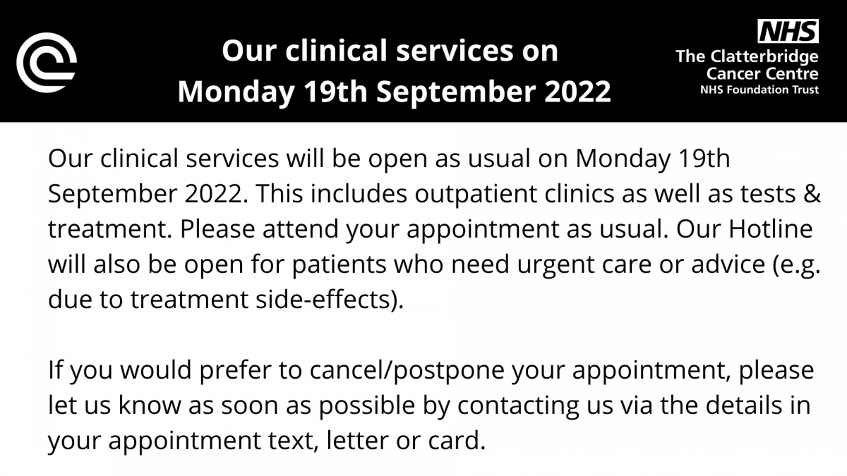 Infographic explaining that service swill be open as usual on Moinday 19th September. The wording is roughly the same as the story above. It has a black border at the top with the Trust logo.