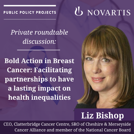 Purple graphic with a picture of Liz Bishop and the words: 'Private round table event - Bold action in breast cancer. Facilitating partnerships to have a lasting impact on health inequalities'