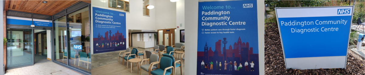 Collage showing photos of the diagnostic centre including external signage and the reception waiting room